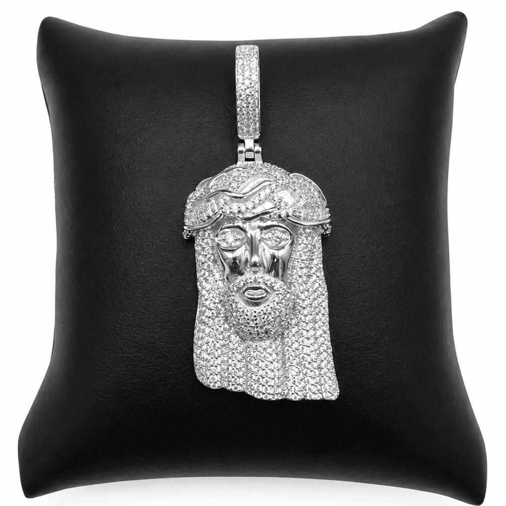 925 Sterling Silver White Spinel Stones Jesus Face Pendant for Men